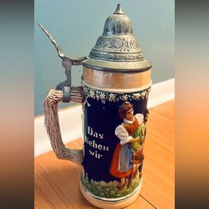 GERZ Beer Stein Pewter Lid Tavern Scene ”Frohbeim Bier Das Lieben Wir" V…